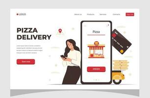 Food online order smartphone. Pizza delivery. Food delivery concept for banner, website design or landing web page. vector