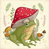 Hand drawn Cottagecore Aesthetic Goblincore Frog with Mushrooms and plants, Cottage core style frog vector