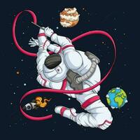 Hand drawn gymnastics astronaut in spacesuit, baton twirling outer space over rocket and planets vector