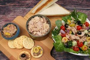 Tin can tuna fish meat chunk flake product recipes salad spread topping tapas cracker sandwich on wooden black slate board over rustic wooden table photo