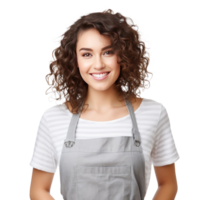 Happy woman , small business owner in casual wearing grey apron, isolated. Illustration png
