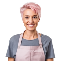 Happy woman , small business owner in casual wearing grey apron, isolated. Illustration png