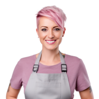 Happy woman , small business owner in casual wearing grey apron, isolated. Illustration png