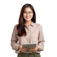 Business woman with tablet PC isolated. Illustration png