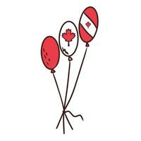 Balloons with Canada flag. Maple leaf as a symbol. The first of July is Kanda day. The symbolism is red and white. Doodle style. Postcard, banner, poster or design. Vector