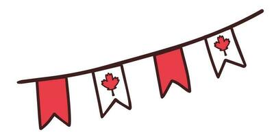 Garland with flags for Canada Day. Maple leaf as a symbol. First of July. The symbolism is red and white. Doodle style. Postcard, banner or poster. Vector