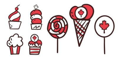 A set of delicious sweets for Canada Day. Maple leaf as a symbol. First of July. The symbolism is red and white. Doodle illustration. Postcard, banner, poster or design. Vector