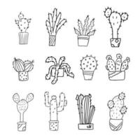 Contour set of cacti in pots. Coloring book in black and white. For the design of cards, invitations or stickers. Isolated vector