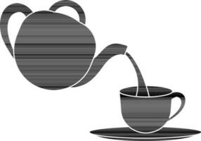 Black teapot falling tea in cup. vector