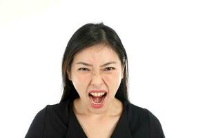 Facial Expression Young Asian woman office attire white background angry shout photo