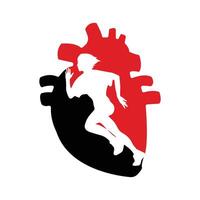 Running woman side view. vector illustration. inside the shape of human heart black and red color.