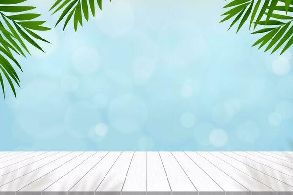 Wood table top and Coconut Palm leaves on Blue light blurry bokeh background used for montage or display product.Vector Studio Background Perspective Wooden terrace texture for Summer Product Presents