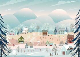 Winter landscape with snow fallingon Christmas night in village,Vector banner cute Winter Wonderland in the town with Happy people celebration in the park,Merry Christmas,New year 2024 card background vector