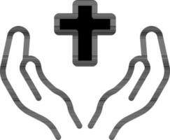 Praying Hands With Cross Icon In Black and White Color. vector