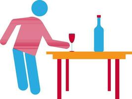 Cocktail glass with bottle on table and character of human. vector