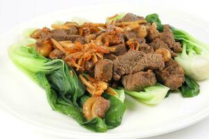 Soy ginger beef on bed of blanched bok choy photo