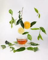 different types of fresh raw green tea leaf flower bud dropping floating elevated lemon orange slice over transparent glass teacup saucer liquid tea on white background photo