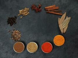 Mix variety spice cinnamon cardamom clove bay leaf wooden chilli cumin turmeric powered border frame copy text space on black slate background photo