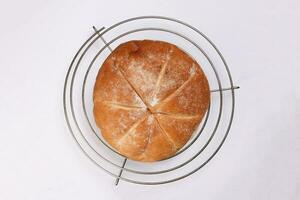 Freshly baked bread loaf round on metal grill over white background photo