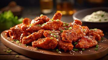 Highlights Image of Crispy Buffalo Chicken Nuggets with Dipping Sauce on Wooden Table. . photo