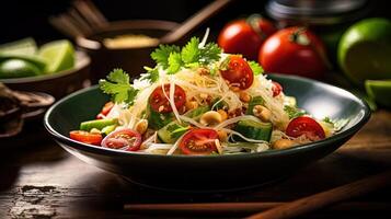 estilo Thai, verde papaya ensalada en bambú o cerámico cuenco y Fresco ingredientes en de madera mesa. comida fotografía, generativo ai tecnología. foto