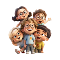 3D cartoon group of little children on transparent background. png