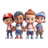 3D cartoon group of little children on transparent background. png