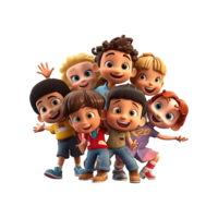 3D cartoon group of little children on transparent background. png