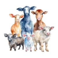 Watercolor farm animals. Cartoon farm animals isolated on transparent background. png