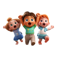 3D cartoon group of little children on transparent background. png