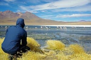 hombre agachado a tomar fotos de salvaje flamencos en salar Delaware uyuni, bolivia