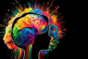 Silhouette of human head brain with colorful paint splashes on black background, banner, ai generation photo