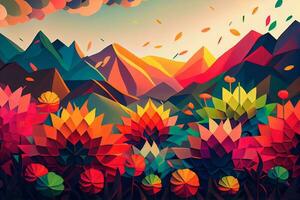 Abstract colorful background with mountains and flowers, ai generation. photo