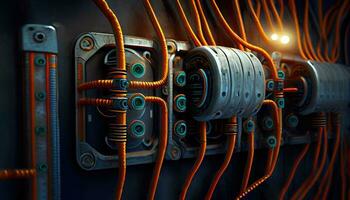 abstract technology electrical panel with cable, glowing neon lights, ai generation photo