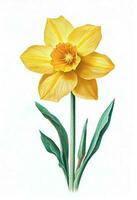 Yellow daffodil flower drawing isolated on white background. Watercolor, hand drawn style, ai generation photo