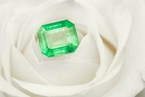 Emerald Gemstone on White Rose Petals photo