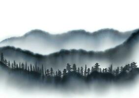 hand painted japanese style mountain and tree landscape vector