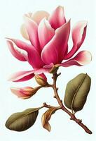 Pink magnolia flower drawing isolated on white background. Watercolor, hand drawn style, ai generation photo