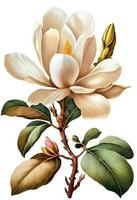 White magnolia flower drawing isolated on white background. Watercolor, hand drawn style, ai generation photo