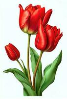 Red tulip flower drawing isolated on white background. Watercolor, hand drawn style, ai generation photo