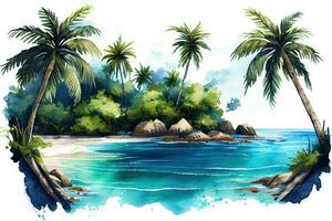 Watercolor tropical beach with palm trees and blue sky, ai generation photo