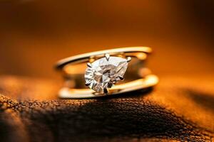 Engagement Diamond Ring on Golden Yellow Light background photo