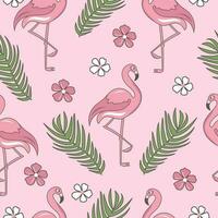 Seamless pattern with pink flamingo and flowers on pink background. Vector illustration