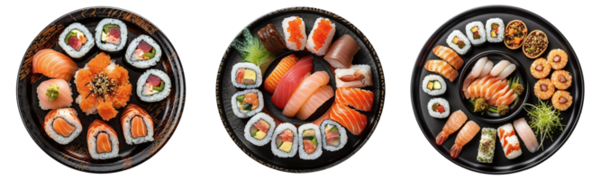 sushi på svart tallrik, antenn se med transparent bakgrund, generativ ai teknologi png