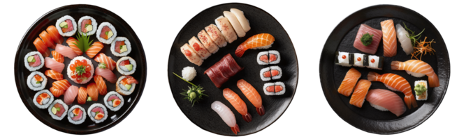 Sushi on black plate, aerial view with transparent background, Technology png