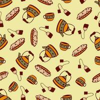 Seamless pattern with pie, teapot, mug and tea bag. Hygge in doodle style, on a light background vector