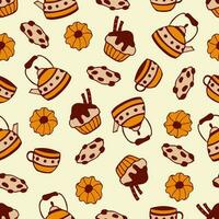 Seamless pattern with cookies, muffin, teapot and cup. On a light background, doodle style. vector