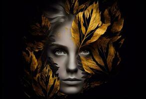 Woman sticking out of black and gold leaves. Generate Ai photo