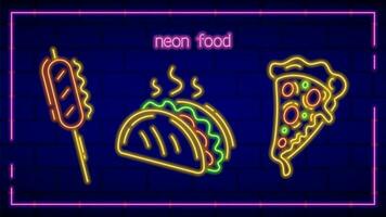 Three neon food icons with tacos, grill sausage and pizza, glowing signs, illuminated vector design decorations.