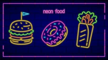 Tres neón rápido comida iconos, hamburguesa, rosquilla y shawarma, brillante señales, iluminado vector diseño decoraciones